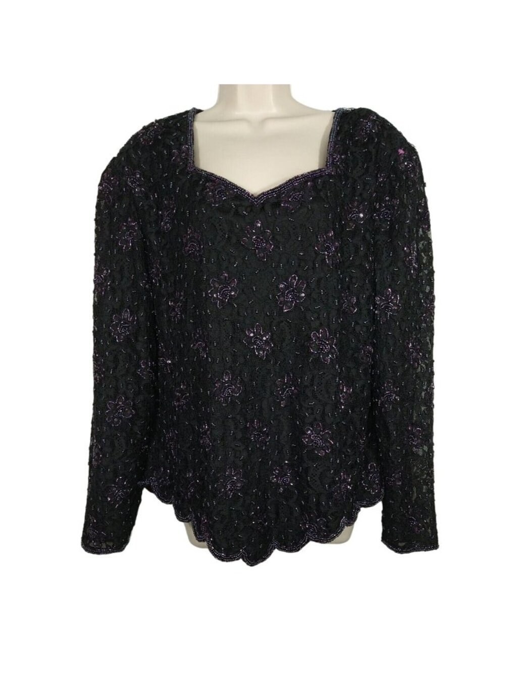 Vintage Stephanie Thomas Top Formal Women Size 1X  Black Purple Beaded Long Slv